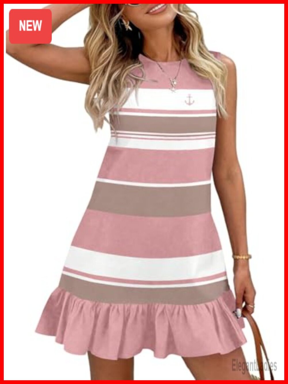 Sleeveless Striped Sundress with Anchor Embroidery and Ruffled Hem